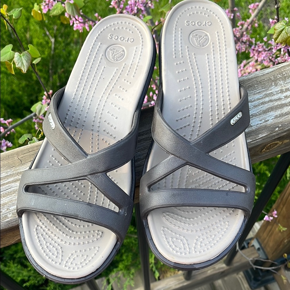Crocs beige and Brown Strappy Slides